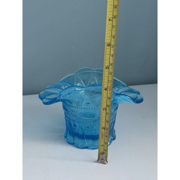 Vintage Kemple Blue Glass Basket Hat Vase Lace Dew Drop Pattern Lace N Dewdrop - Picture 8 of 13
